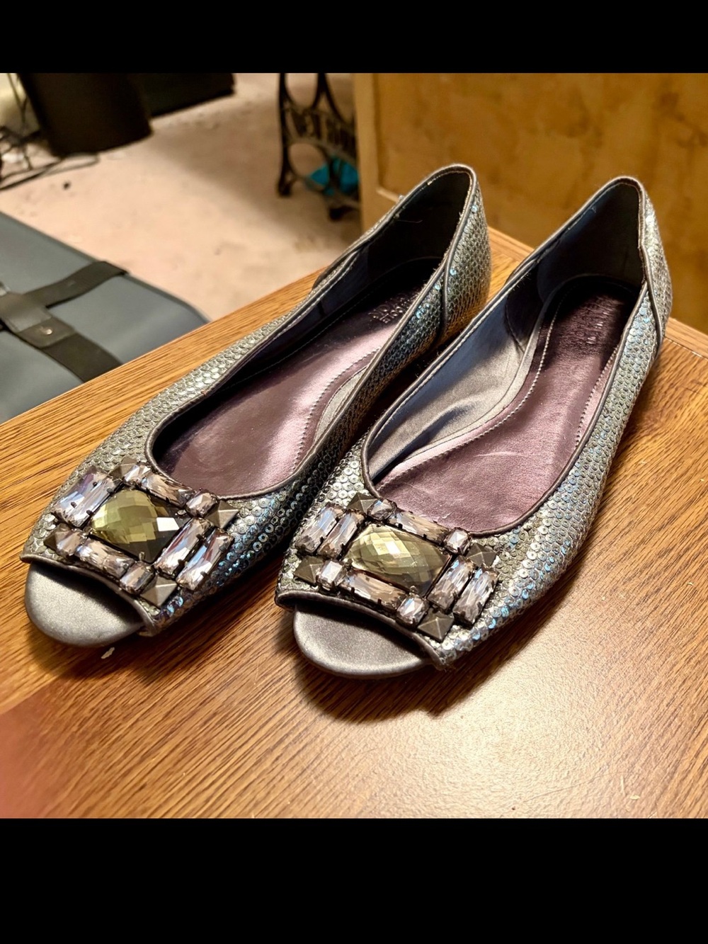 Kenneth Cole Reaction Silver Jeweled Peep-Toe Flats